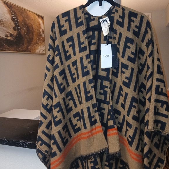 Fendi Jackets & Blazers - Fendi Tan and Black Logo Poncho